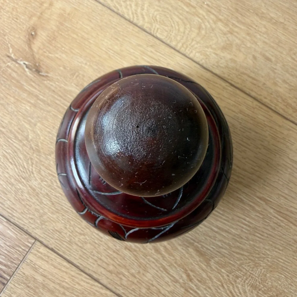 Vintage Hand Carved Wooden Jar with Lid Floral Etched Decorative Vessel Brown